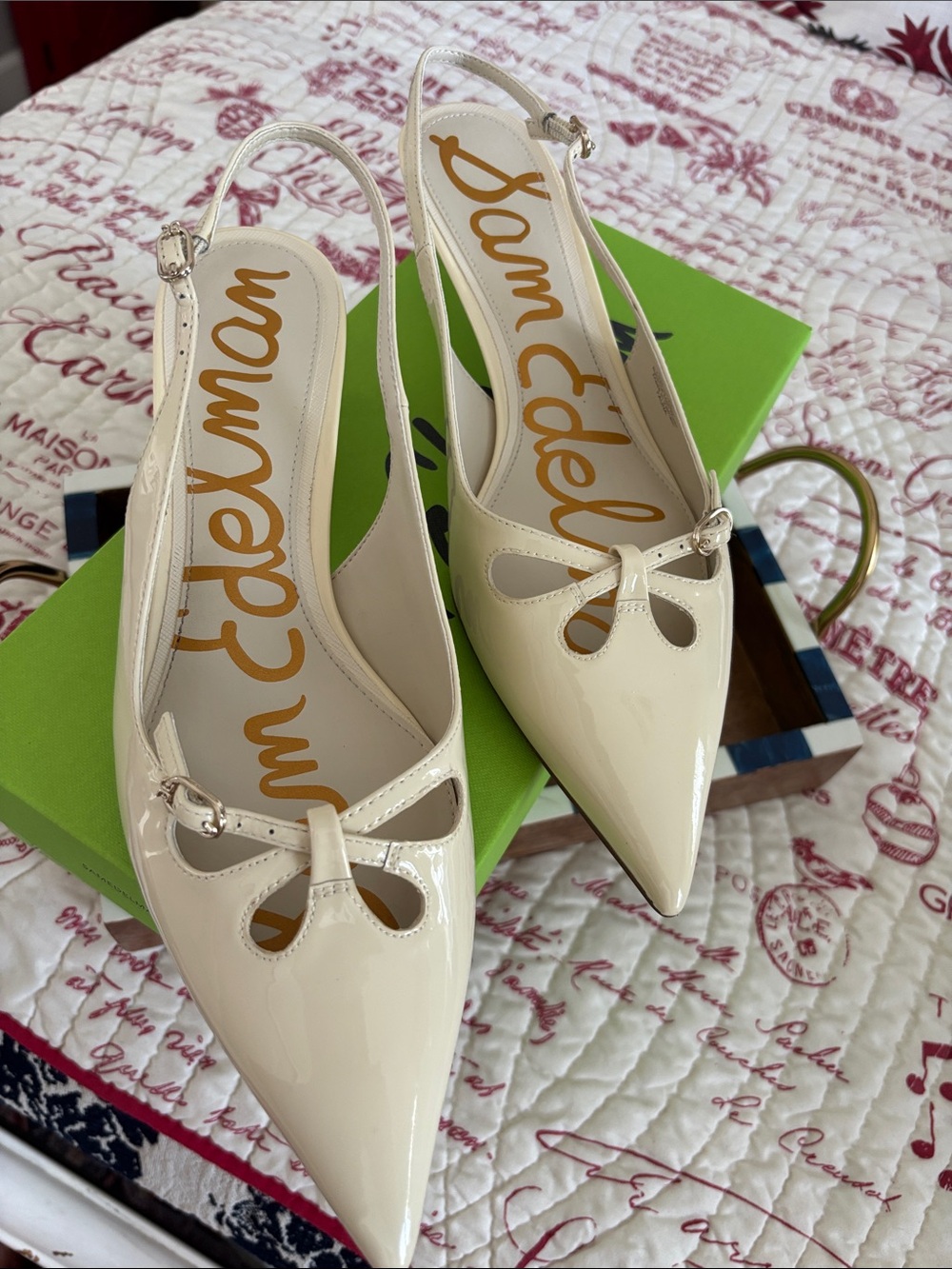 Sam Edelman Fauna Ivory Patent Leather Upper Slingback Kitten Heels SZ 11